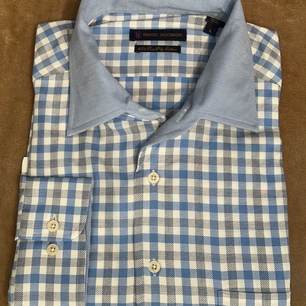 New Henry Jacobson, size Large, sport shirt w/one-piece, two-tone collar